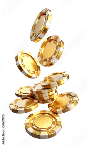 flying golden casino chips isolated on transparent white background, clipping path