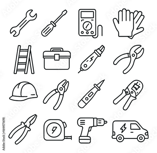 Outline icons of tools and equipment for construction and repair work