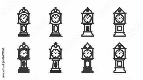 Collection of eight different grandfather clocks in a simple black silhouette style on a white background |  editable eps vectors