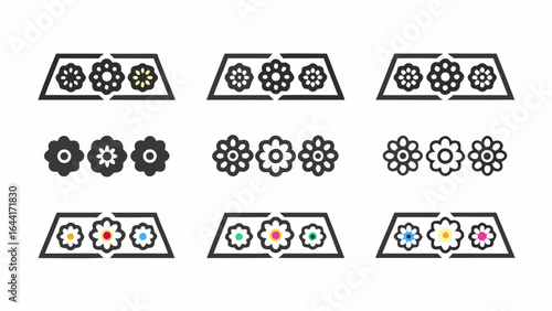 Illustration showing nine variations of three flowers in a row, some with borders and some with color 100 |  editable eps vectors silhouette