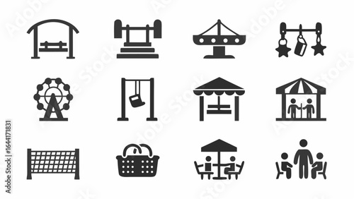Illustration of various playground and amusement park attractions in simple black and white style |  editable eps vectors silhouette