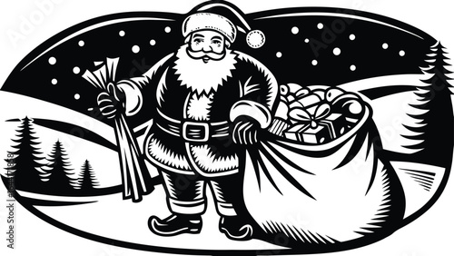  Santa Claus Delivering Presents in Snow - Black and White Woodcut Style