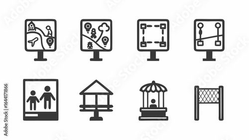 A collection of eight black and white icons depicting various structures and signage elements design |  editable eps vectors silhouette