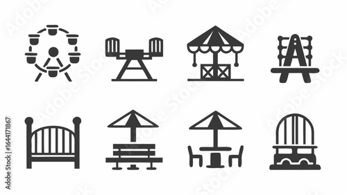 Illustration depicting a variety of amusement park rides and outdoor furniture in a simple black silhouette |  editable eps vectors
