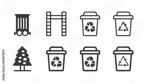 Illustration of a radiator, ladder, recycling bins, and decorated christmas tree in black and white |  editable eps vectors silhouette