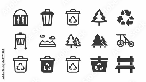 Illustration of various environmental and outdoor related icons including trees recycling and trash cans |  editable eps vectors silhouette