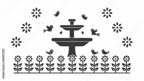 Illustration of a fountain with birds flowers and floral decorations in a garden scene design art |  editable eps vectors silhouette