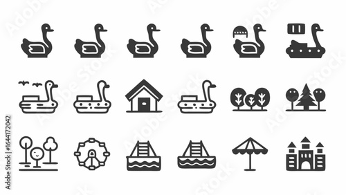 Collection of amusement park icons featuring swan boats, ferris wheel and castle designs |  editable eps vectors silhouette