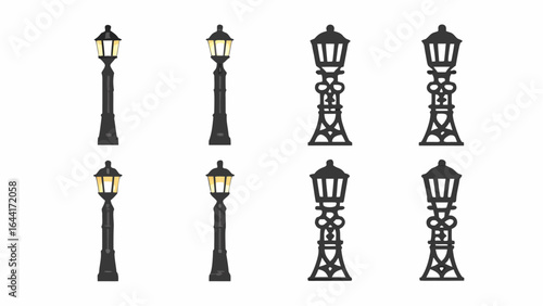 Illustration showcasing a collection of vintage street lamps with varying designs and illumination styles |  editable eps vectors silhouette