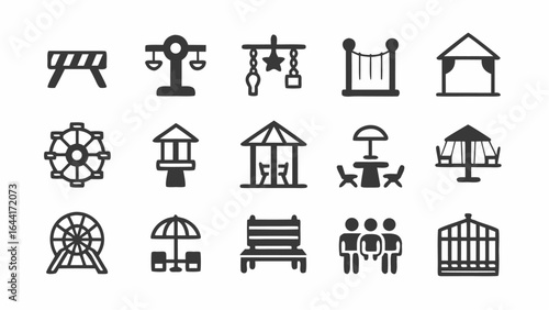 Illustration of various playground equipment including swings, ferris wheels, and seating areas icons |  editable eps vectors silhouette