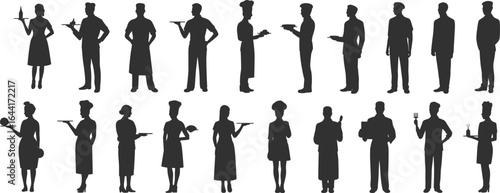 Hospitality staff silhouettes, chefs, waiters silhouettes, chefs, waiters, waitresses, black vector set, restaurant workers, serving poses, kitchen roles, tray, utensil, dish