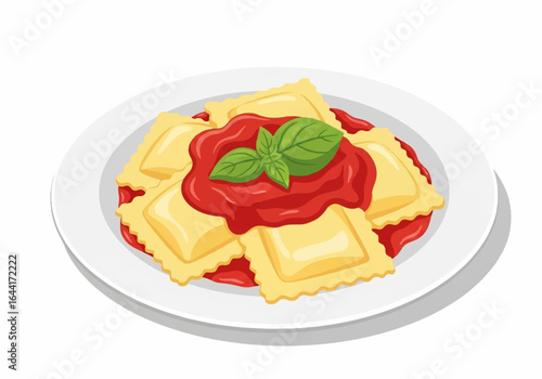 Flat vector illustration of square ravioli with tomato sauce and basil, Plate of Dumplings