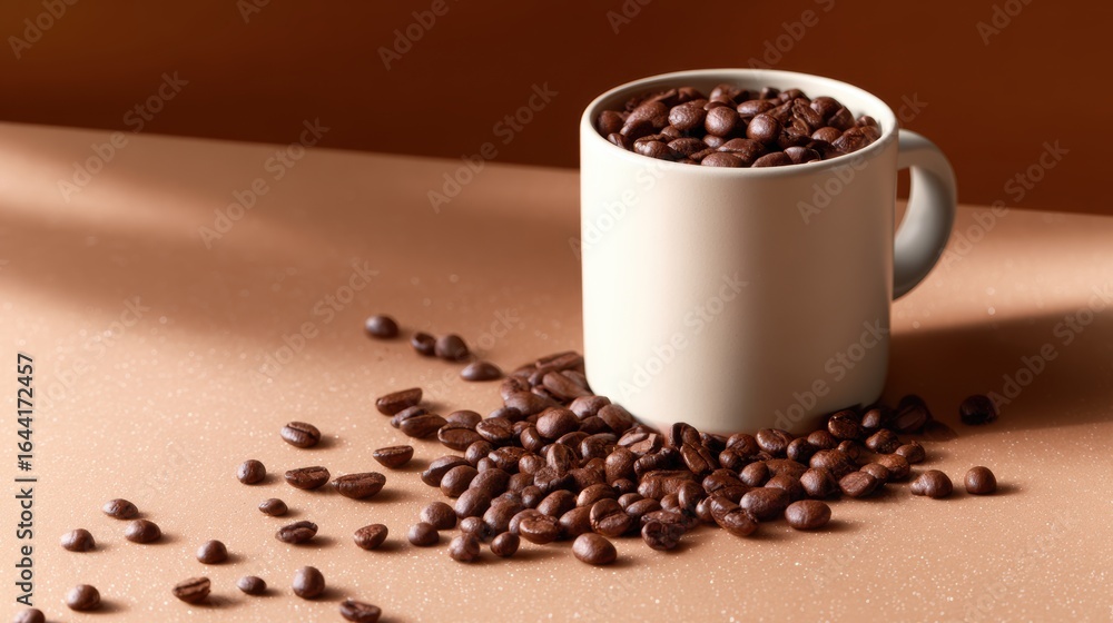 Obraz premium A cozy scene featuring a cup overflowing with coffee beans on a warm, textured surface, evoking comfort