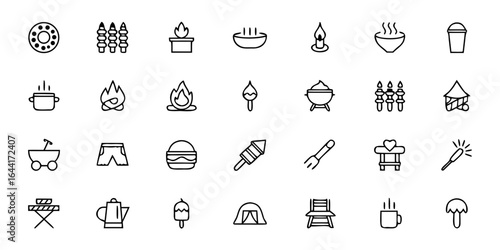 Outdoor Entertainment & Firepit Vector Bundle – Minimalist Line Art Firepit, Fire Bowl, Outdoor Furniture, Drinks, Lanterns, Deck, Garden Lights, and Glamping Accessories – Backyard Design Icons