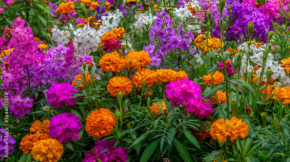 Obraz premium Vibrant floral display of orange pink purple and white blossoms flowers garden