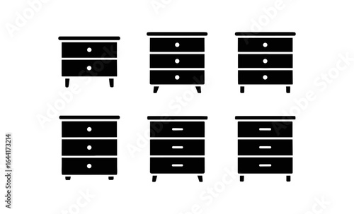 Set of six black silhouette nightstand icons in minimalist style