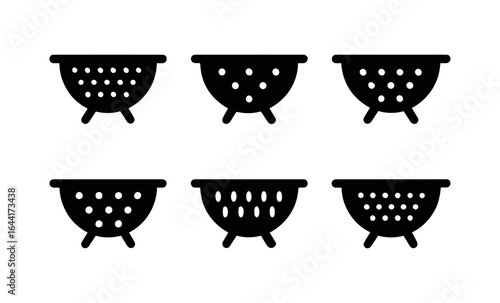 Silhouette set of six colander icons with varied hole patterns