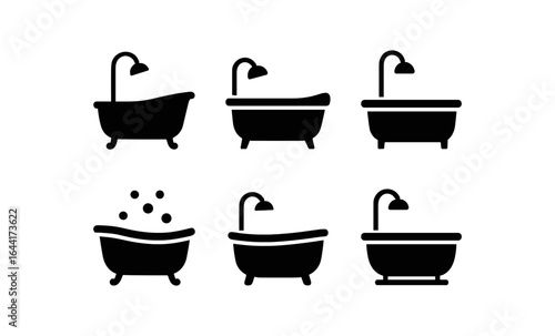 Set of six black silhouette bathtubs with showers for bathroom design