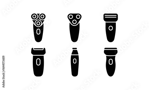 Silhouette icons of electric razors and shavers in various designs