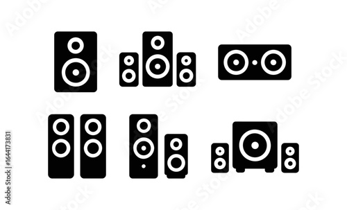 Silhouette icons of audio speakers set in various arrangements