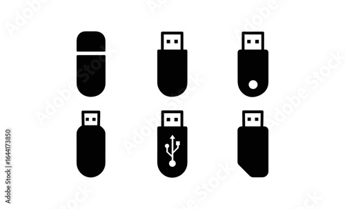 Black usb flash drive silhouette icons set on white background