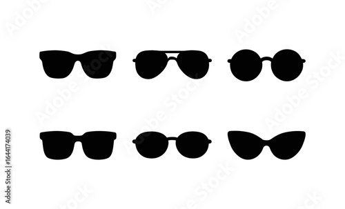 Variety of sunglasses silhouettes in black set against white background