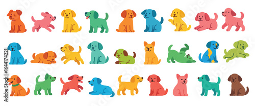 Flat Colorful Dog Icon and Clipart Set – ideal for pet shop branding, printing, children’s books, Wrapping, educational materials, cat stickers, T-shirt designs, greeting cards, and product packaging.