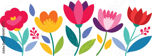 Colorful floral illustration with various flowers and leaves isolated on white background