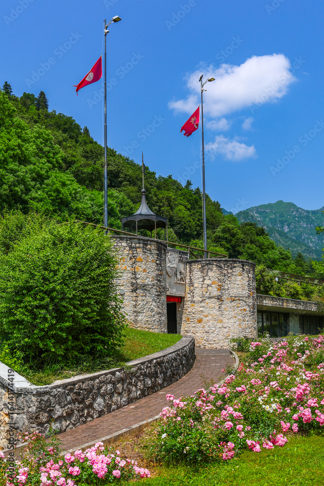 Fototapeta premium Castel Brando (Castrum Costae) is a medieval castle situated on a dolomite limestone rock at an elevation of 370 m above sea level, overlooking the villages of Cison di Valmarino and Valmareno, Italy