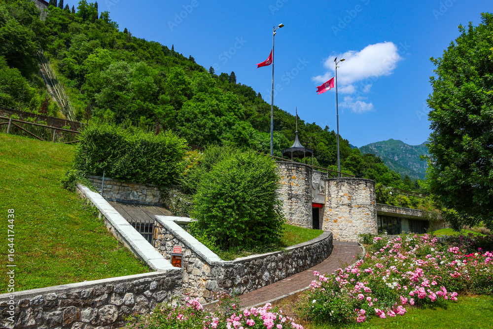 Fototapeta premium Castel Brando (Castrum Costae) is a medieval castle situated on a dolomite limestone rock at an elevation of 370 m above sea level, overlooking the villages of Cison di Valmarino and Valmareno, Italy 