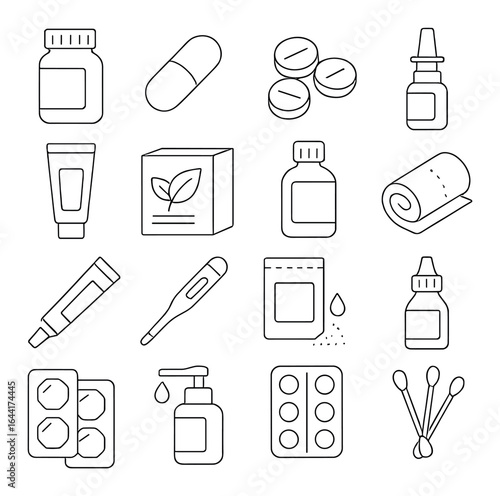 Medical supplies icons: medicine, tablets, thermometer, ointments, eye drops