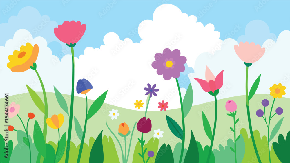 A colorful flower garden in full bloom under a bright blue sky, illustration A colorful flower garden in full bloom under a bright blue sky, illustration