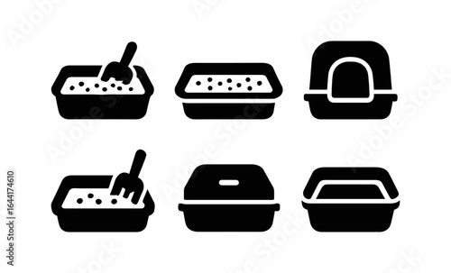 Silhouette icons of cat litter boxes with scoops and covers