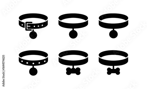 Set of six dog collar silhouettes with charm variations in black
