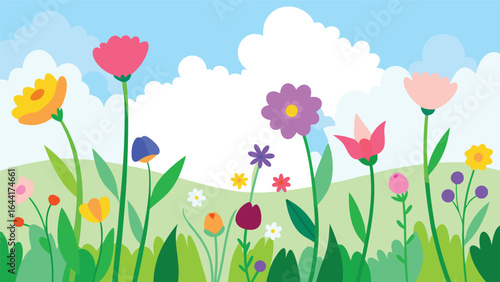 A colorful flower garden in full bloom under a bright blue sky, illustration