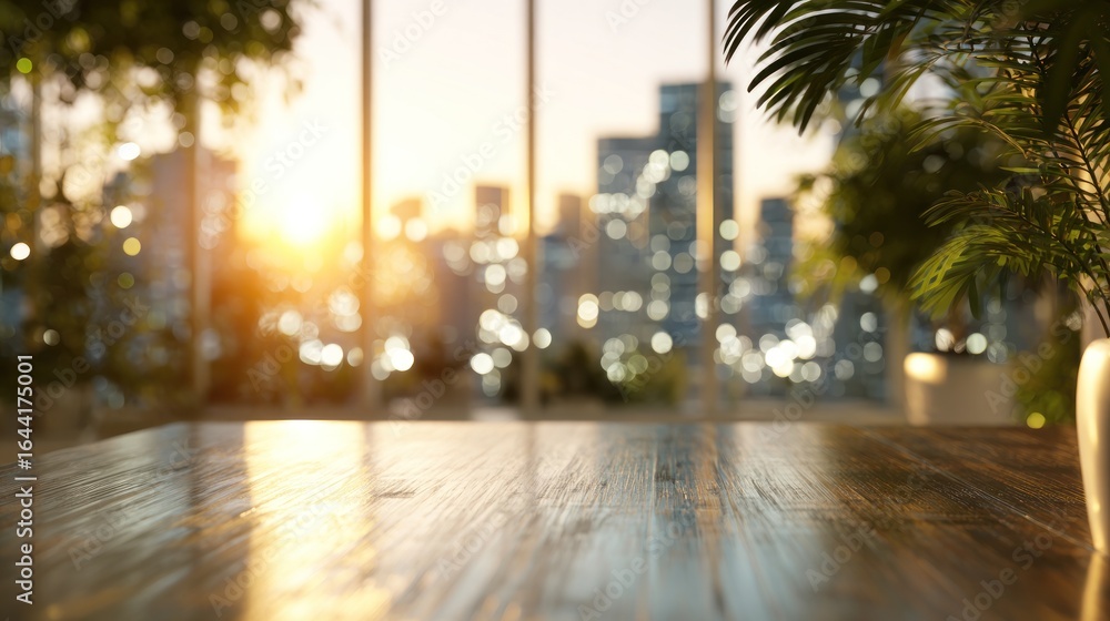 Naklejka premium Golden Hour Cityscape View from a Wooden Table