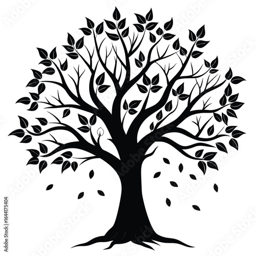 Stylized black silhouette of a deciduous tree with falling leaves on white black and white illustration