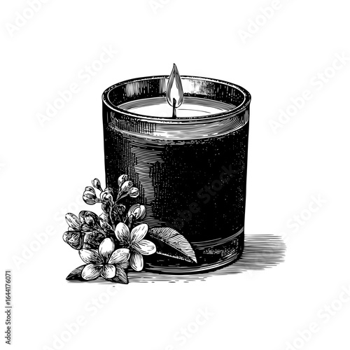 Engraving style illustration of an aromatherapy candle with floral accents in black and white on transparent background – for spa branding, relaxation product labels, and organic lifestyle packaging
