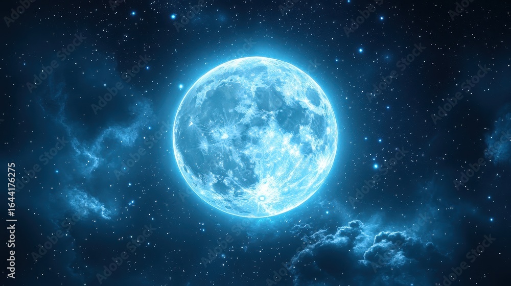 Naklejka premium Bright Full Moon Illuminates Starry Night Sky Over Clouds