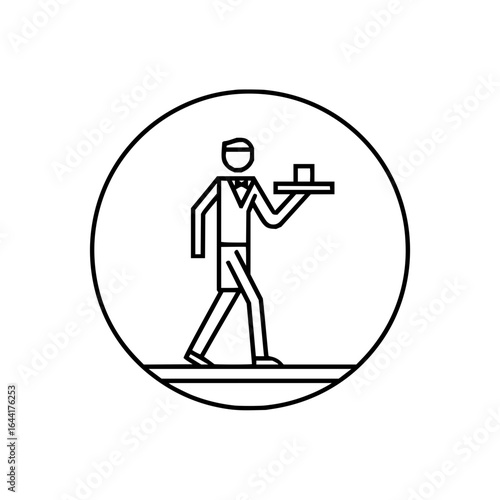 Waiter serving tray restaurant service food drink professional hospitality industry line art vector illustration