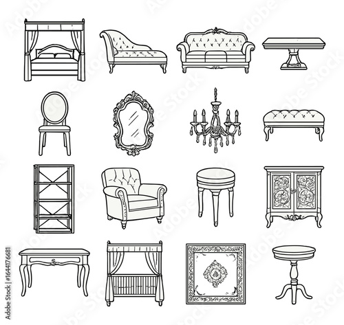 Elegant vintage furniture collection with sofas tables mirrors and chairs