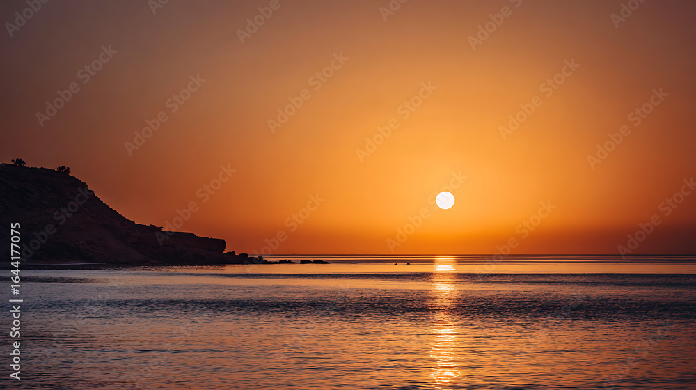 Fototapeta premium Golden sunset over calm ocean with distant rocky coastline water