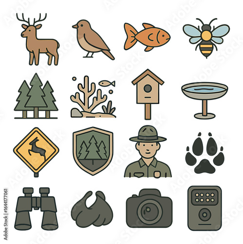 Nature conservation icons featuring wildlife, birdhouse, forest, and ranger