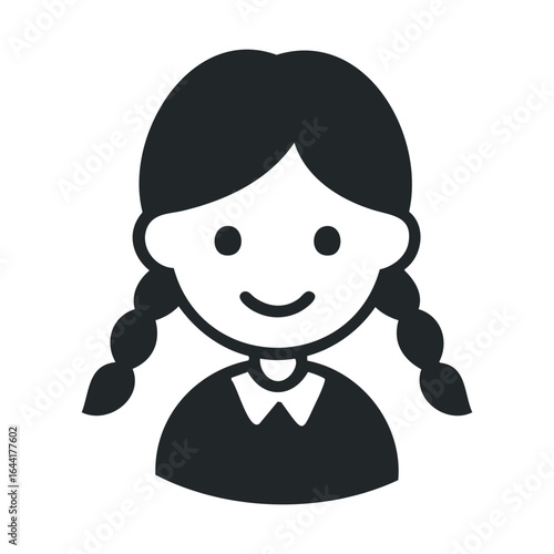 Smiling female child icon with braided hair in black and white