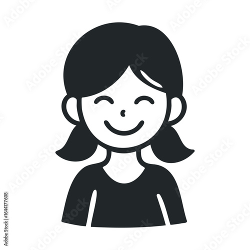 Black and white illustration of a smiling female child icon with pigtails