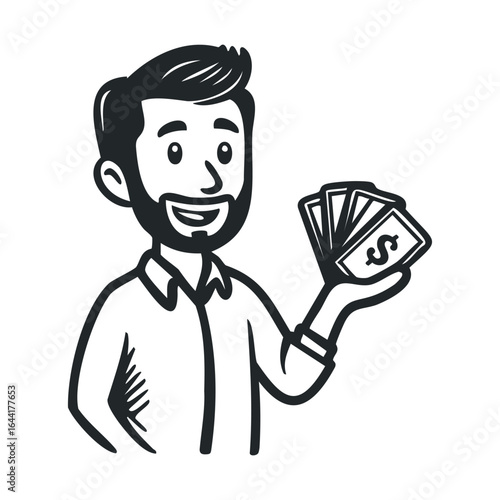 Happy caucasian male adult cartoon character holding money in hand