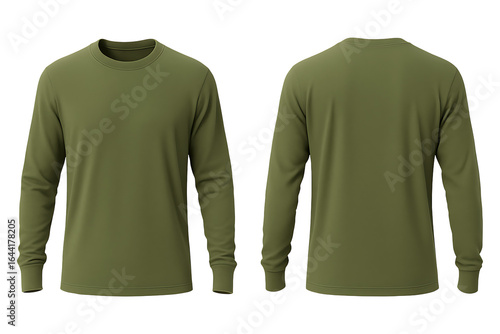Olive green long sleeve t-shirt front and back view mockup isolated on transparent background