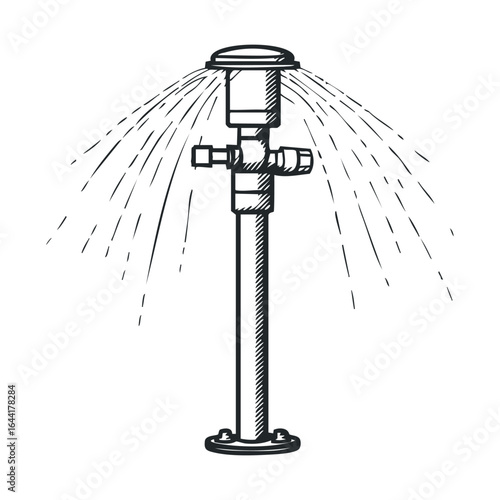 Vintage lawn sprinkler diagram with water spray pattern and stand
