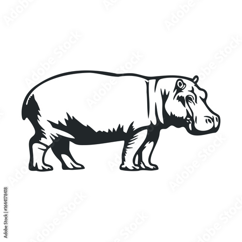 Monochrome hippo illustration in side profile: simplistic black and white animal art