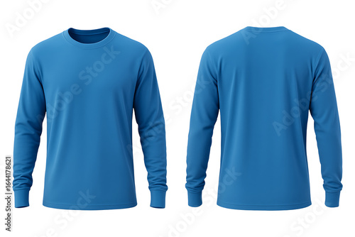 Blue long sleeve t-shirt front and back view mockup isolated on transparent background